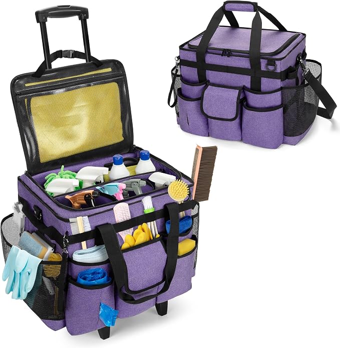LoDrid Rolling Cleaning Caddy with Lid and Detachable Trolley, Purple | Cleaning Supplies Organizer, Cleaning Caddy Cart on Wheels with Handle and Shoulder Strap for Housekeepers by LoDridDirect