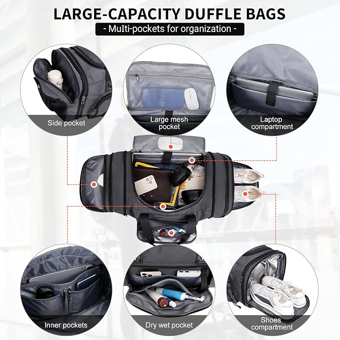 WITZMAN Mens Duffle Bag Expandable 50L Travel Gym with Shoe Compartment | Nylon, Large, With Dry-wet Pocket, Fits 16" Laptop, Carry-on Bag, For Sports Weekender Overnight, B695 Silvery Grey - Image 4