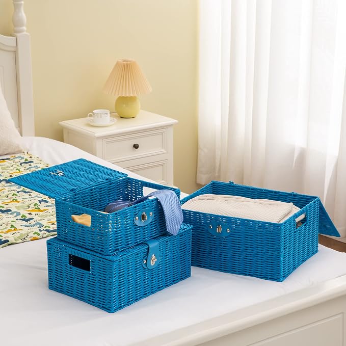 Set of 3 Woven Wicker Storage Basket Box with Lids & Lock, Built-in Carry Handles, Multifunctional Storage Organizer for Nursery, Baby, Clothes, Toys, Books, Large/Medium/Small Size (Blue) - Image 8