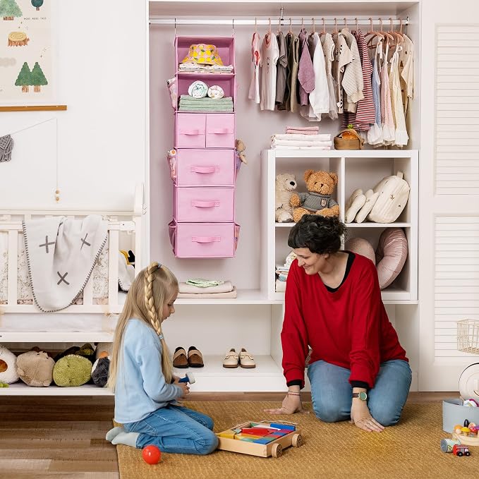 GRANNY SAYS Hanging Closet Organizer, 5 Drawers, 6 Shelves, 6 Pockets, Pink | Hanging Closet Organizer with 5 Different Drawer Designs, 6 Shelves & Reinforced Structure for Organized Small Spaces - Image 2