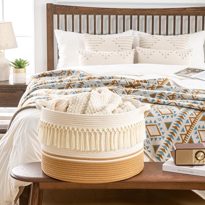 KAKAMAY Large Blanket Basket (20"x13"),Woven Baskets for storage Baby Laundry Hamper, Cotton Rope Blanket Basket for Living Room, Laundry, Nursery, Pillows, Baby Toy chest (White Fringe) | Extra Large Capacity | Natural Cotton Rope | Blanket Storage | ... - Image 4