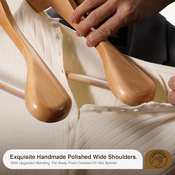 Wide Shoulder Hanger 10 Pack,Solid Wood Hanger,Heavy Duty Suit Hangers,Coat Hangers with Retotating Hooks & Non Slip Pants Bar,Smooth Clothes Hangers for Sweater, Pants, Jacket(Natural - Image 2