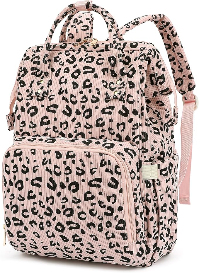 Corduroy Diaper Bag Backpack for Baby Girls Boys, Women Large Nappy Bags for Mom (Pink Corduroy Leopard) by Yusudan