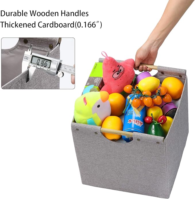 HOONEX Collapsible Storage Bins, 13x13x13in Storage Cubes Linen Fabric, 3 Pack, Storage Baskets with Wooden Carry Handles and Sturdy Heavy Cardboard, for Home, Office, Car, Nursery, Light Grey - Image 2