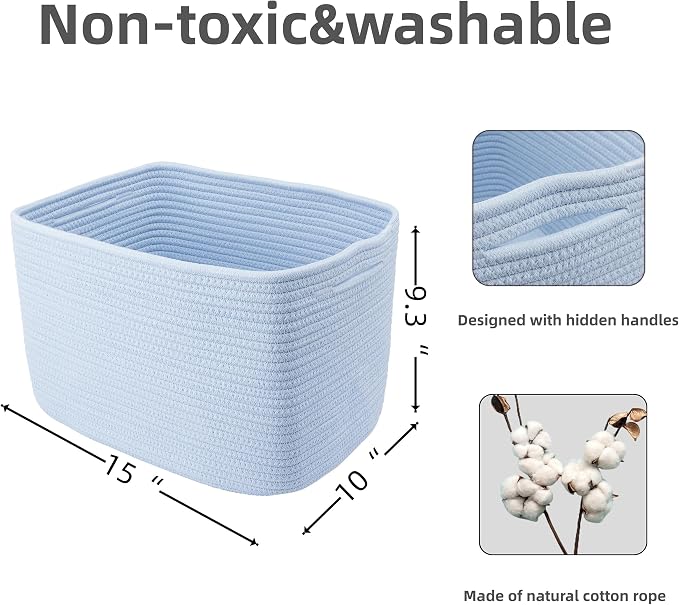 XUANGUO Woven Cotton Rope Storage Baskets 15x10x9.3" 3 Pack Light Blue | Decorative rectangular storage baskets for shelves and closets; storage bins organize clothes, toys, books and nursery items. - Image 2