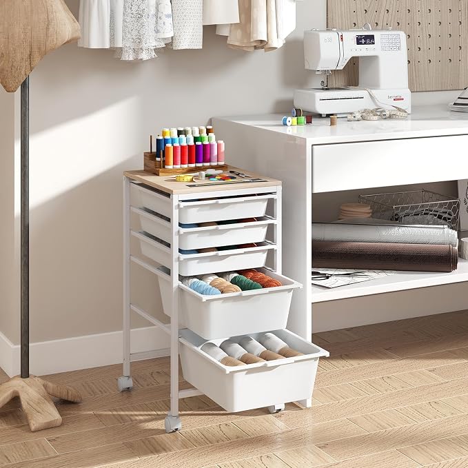 Giantex Rolling Storage Cart with 5 Drawers, Utility Cart w/Wooden Tabletop, Lockable Wheels, Multipurpose Organizer for Art Craft Books Paper, Drawer Carts for Dorm Classroom Office, White - Image 5
