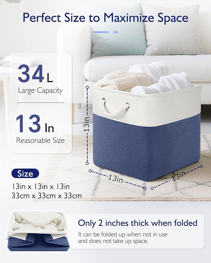 Patvingot 13-Inch Fabric Cube Storage Bins with Handles,4 Pack,Foldable | For cube shelves and closets,keeps grouped for everyday access,reinforced opening and fold-flat storage,white and blue - Image 2