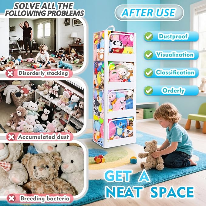 Transparent Dustproof Stuffed Animal Storage - Plushies Storage with Zipper Easy Find Items More Capacity Toy Organizer Horizontal & Vertical Dual-Use 4-Tier Space-Saving Organizer for Kids Room - Image 5