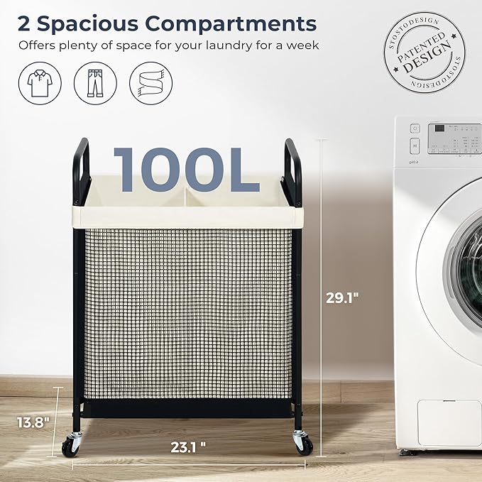 STO STO Laundry Hamper 2 Section, 100L Rolling Laundry Sorter Cart with Removable and Washable Liner Bag, Clothes Hamper with Wheels and Metal Handle for Laundry Room and Bedroom - Image 6