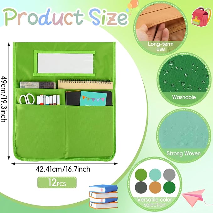 gisgfim 12 Pcs Chair Pockets for Classroom 16.7 x 19.3 Inch s with Name Tag Chairback 3 Pockets Chairs Seat Back Organizer for Elementary School Daycare Home Supply (Greenery) - Image 2