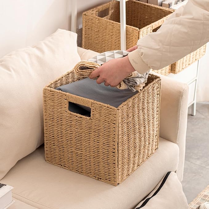 Foldable Storage Baskets with Handles Paper Rope Storage Baskets Rectangle Collapsible Hand Woven Storage Cubes Bins for Organizing Shelves Living Room Bedroom Pantry (3, 11'' x 11'' x 11'') - Image 8