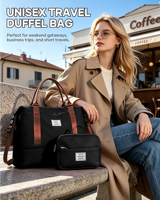 Travel Duffel Weekender Bag Women Tote Carry On Bags With Shoe Compartment | 18x14x8 inches Travel Overnight Bags with Trolley Sleeve for Airplanes Waterproof Sport Tote Gym with Toiletry Bag BlackBrown - Image 9
