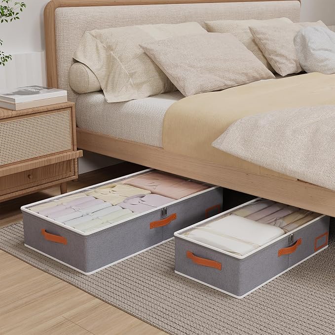 Yawinhe Pack of 2 Underbed Storage Bags, Foldable Clothes Storage with Clear Window, for Duvets, Clothes, 80 x 40 x 15 cm, Grey - Image 3
