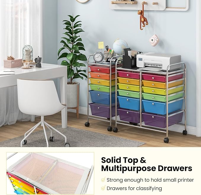 12 Drawer Rolling Storage Cart, Craft Cart Organizer on Wheels w/Metal Frame, Large Capacity & Smooth Drawer, Rolling Cart w/Drawers for Classroom, Office - Image 7