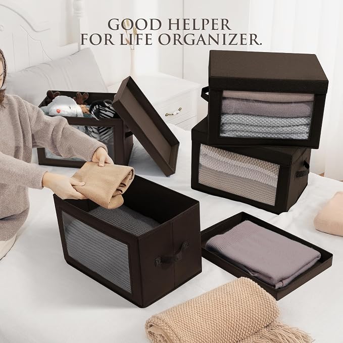 Stackable Storage Bins with Lids - Medium Storage Box with Lids, Foldable Closet Boxes for Organizing, Wardrobe Clothes Organizer with Window, Cubes Bins for Living Room, 5 Pack, Brown - Image 2