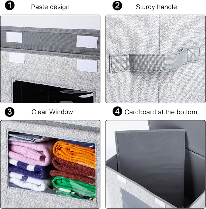 Univivi Fabric Closet Storage Bins with Lids for Shelves 4 Pack, Gray | 17 x 12 x 12 In Clothes Storage Bins with Handles & Window, Foldable Closet Organizers and Storage for Home, Office, Bedroom - Image 5