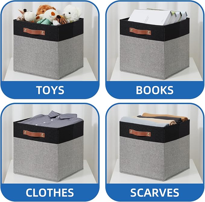 Temary 13 x 13 Storage Cubes Foldable Storage Cubes 4 Pack Canvas Storage Bin for Home, Square Storage Baskets with Leather Handles (Black&Grey) - Image 4
