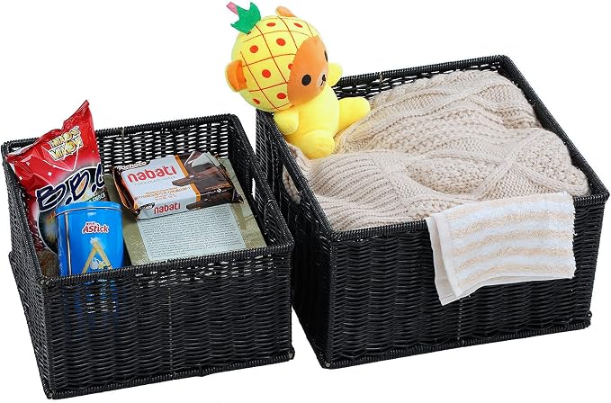 HOONEX Wicker Storage Baskets for Organizing, Decorative Woven Baskets for Storage with Carrying Handles, Set of 2, Black - Image 2