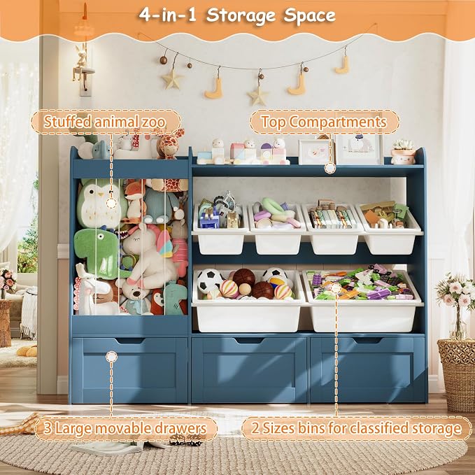 VontinT 50.6" W Montessori Toy Storage with Bins & Rolling Drawers, Wooden | Large Toy Cabinet with 6 Plastic Bins, 3 Rolling Boxes, 140L Stuffed Animal Storage, Toddler Rack for Kids Playroom, Blue - Image 3