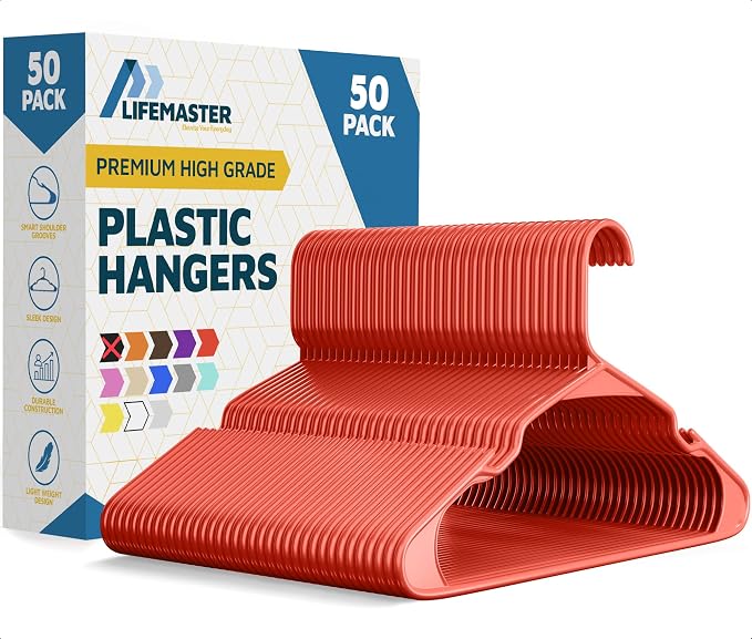 Lifemaster Plastic Clothes Hangers – Heavy Duty Hanger Set, for Organizing Clothes, Dresses, and Coat, Holds Up to 5 lbs, Space-Saving Hangers with Non-Slip Shoulder Grooves, Pack of 50, Red by LIFEMASTER