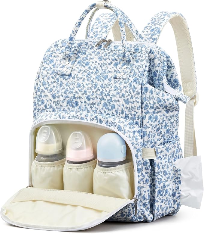 Blue Corduroy Floral Diaper Bag Backpack for Mom Large Capacity Multifunction Travel Backpack for Women, Cute Diaper Bag by Unknown