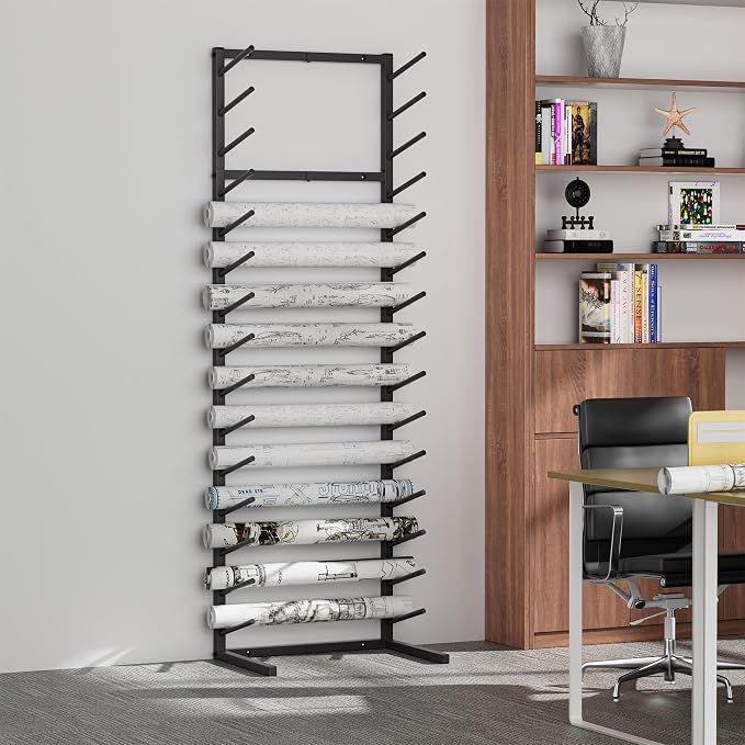 GIOTORENT Wall Mount Blueprint Storage Rack,15-Tier Heavy Duty Blueprint Holder for Construction Plan, Posters,Vinyl Rolls, Art Prints, Max 30lb/Arm, Easy Mount for Home, Office(Matte Black) - Image 6