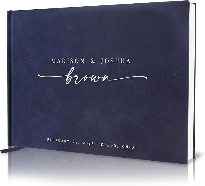 Personalized Guest Book - 11.5" x 8.5" Custom Bride & Groom Names with Bookmark and Hard Cover 140 GSM Blank Pages, for Weddings Guest Book, Engagements, Birthdays, Special Events, Navy by ModernAlbumDesigns