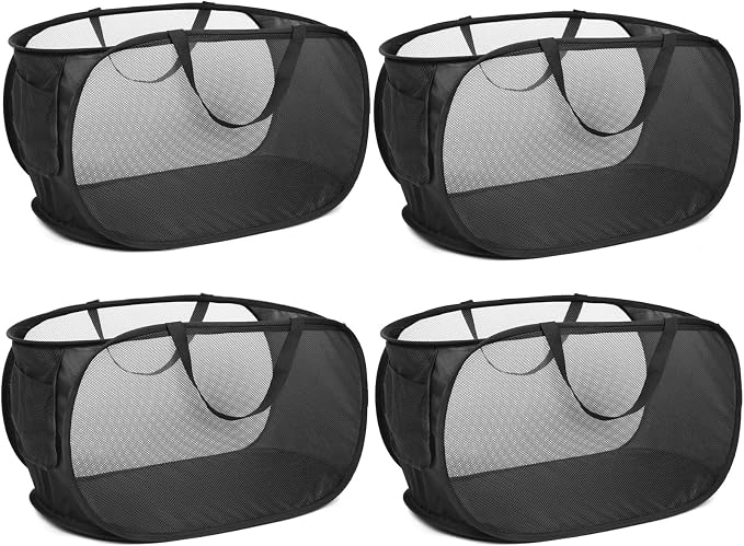 4 Pack Collapsible Laundry Baskets, Foldable Laundry Basket with Pocket, Durable Pop Up Hampers, Reinforced Handles Dirty Clothes Hamper for Laundry, Bedroom, Bathroom, Dorm, Travel or Camping Black by Bemkoo