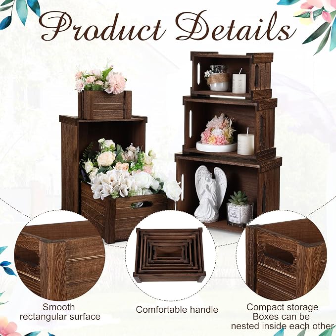 AceOrbit 6 Pcs Decorative Wood Crates for Storage Display 6 Size Rustic Nesting Crates with Handle Farmhouse Wooden Container Boxes for Wedding Bride Shower Party Market Farmers Decor(Dark Brown) - Image 4