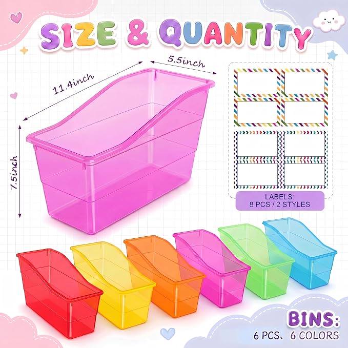 Blosssound 6 Set Book Bins for Classroom Stackable,Translucent Colorful | Plastic Baskets with Labels, Slanted Front, Library Supplies Organizers, Desktop Storage Bins, Teachers Home School Use - Image 2