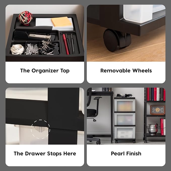 IRIS USA 3-Drawer Rolling Storage Cart, Black/Pearl | Keep classroom supplies, teacher essentials, craft materials, and learning tools organized with easy-access drawers. - Image 4