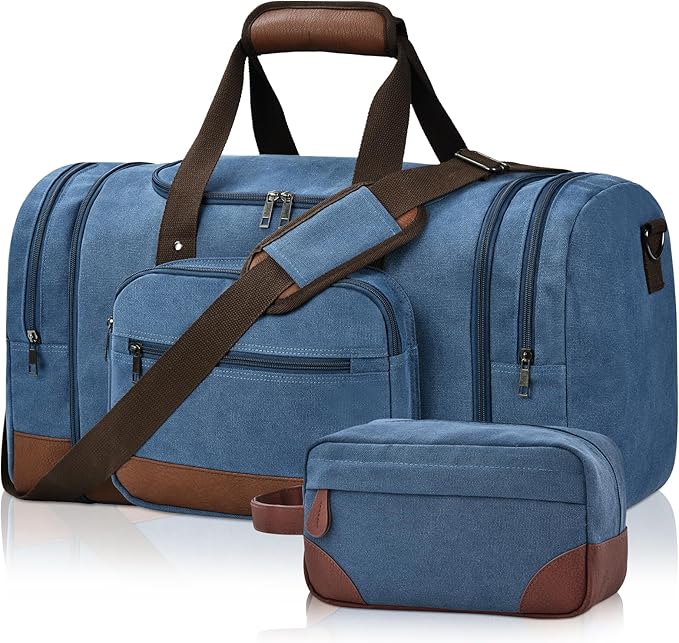 Litvyak 50L Canvas Duffle Bag for Travel Weekender Gym Overnight Carry-on | Expandable, Eco Certified, Leather Accents, Toiletry Bag Inclued, Travel Duffel Weekend Luggage Bag for Women Men, Blue by Litvyak