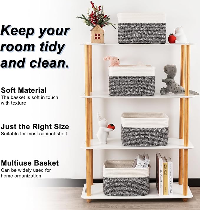 4 Pack Storage Baskets for Organizing, Woven Baskets for Shelves - Perfect for Toys, Books, Towels, and Clothes, Durable Gift Basket Bins Toy Storage, 12.7''Lx9''Wx7.8''H, Black & White - Image 3