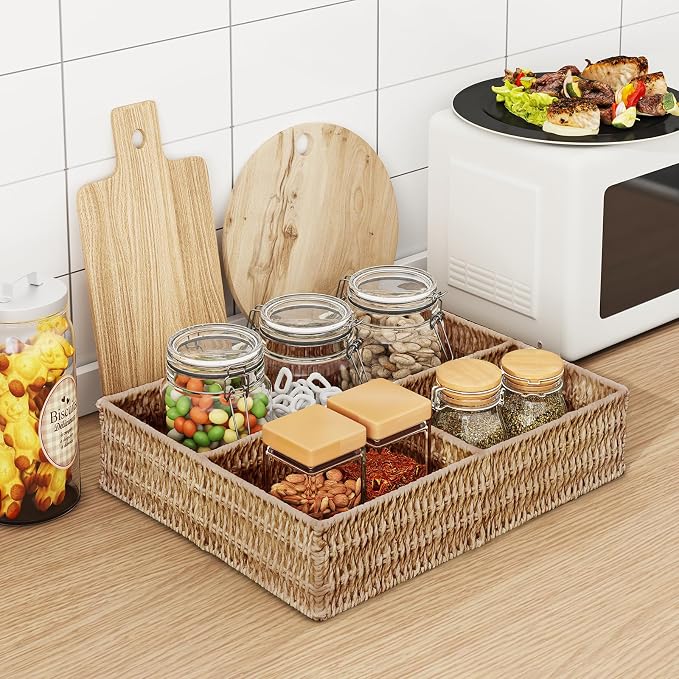 Wicker Divided Storage Basket, Wicker Baskets, Basket for Shelves Drawer Organizing, 3 Section Rectangular Woven Storage Baskets, 2-Pack, Natural - Image 3