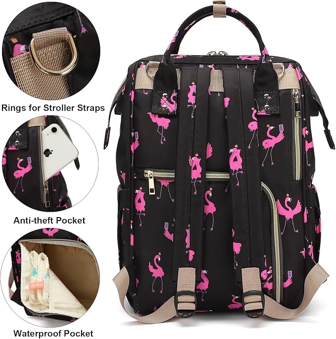 Flamingo Baby Diaper Bag Backpack for Women, Large Capacity Waterproof Maternity Travel Nappy Backpacks with Stroller Straps - Image 3