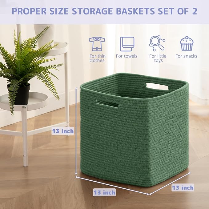 OIAHOMY 2 PACK Cube Storage Bin 13 Inch Collapsible Storage Cube Green | Cube Storage Organizer Storage Bins for Shelves Baskets for Organizing Woven Rope Storage Baskets - Image 2