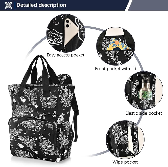 MNSRUU Diaper Bag Moth Skull Moon Esoteric Diaper Bag Backpack Multifunction Travel Diaper Bag Tote Large Capacity Diaper Changing Backpacks for Moms Dads - Image 2