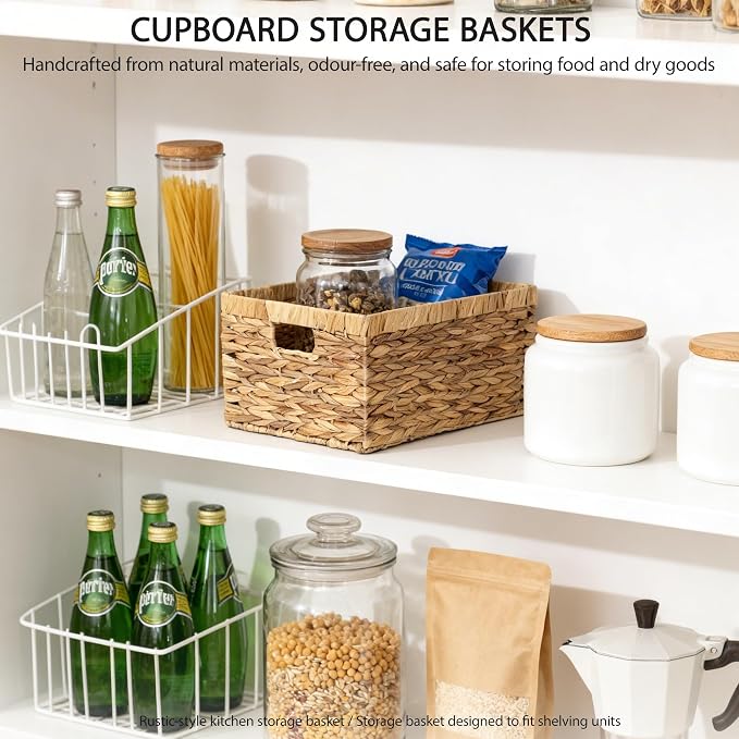 KINGWILLOW Woven Natural Water Hyacinth Rectangular Organizer Basket, Small | Rustic decor, with handles, brown‑tan tone, for shelves, bathroom, kitchen, entryway, office files, pet toys - Image 5