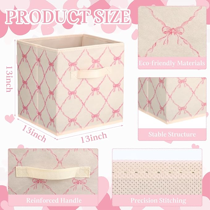 6 Pcs Light Pink Bow Cube Storage Bins 11 Inch Storage Basket | Preppy Girls Organizer Basket with Handle, Collapsible Fabric Box for Classroom Bedrooms Office Home Decoration Gift - Image 2