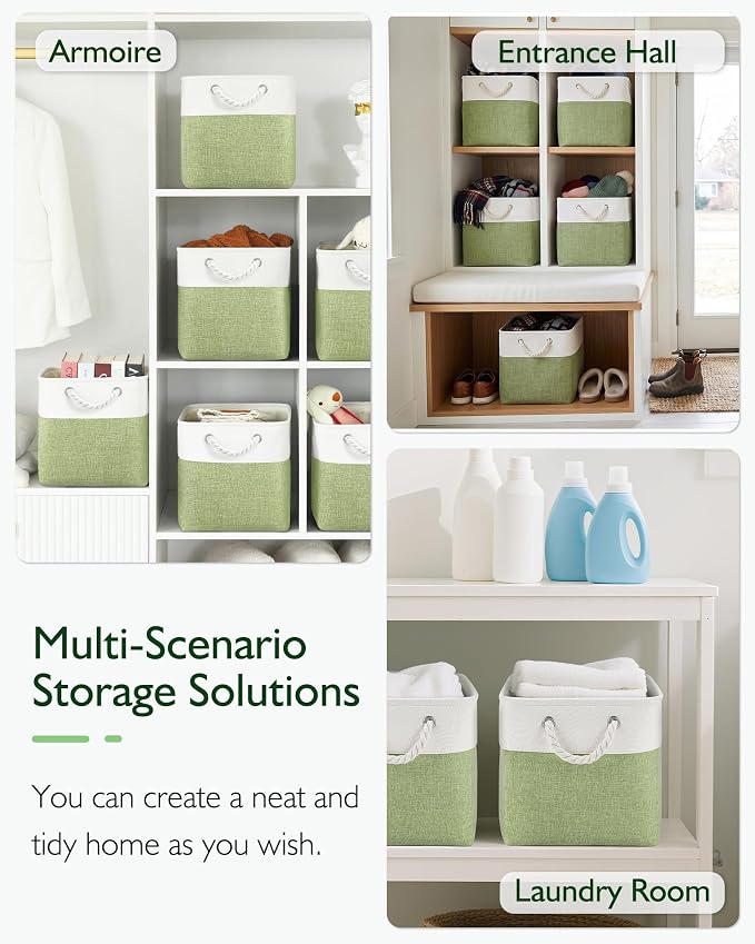 Patvingot 13-Inch Fabric Cube Storage Bins with Handles,4 Pack,Foldable | For cube shelves and closets,keeps grouped for everyday access,reinforced opening and fold-flat storage,white and green - Image 5
