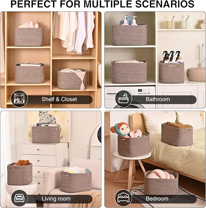 Storage Baskets for Organizing Shelves, Woven Cotton Rope Bins for Organization, Dog Toy Organizer for Shelf Living Room Bedroom, 14.8"×11"×9.5", Pack of 3, Dark Brown - Image 5