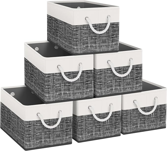 Storage Bins 6-Pack, Foldable Storage Baskets for Organizing Toys, Books, Shelves, Closet, Large Storage Box with Rope Handles, Sturdy Organizer Bins, White & Black by Fabtotes