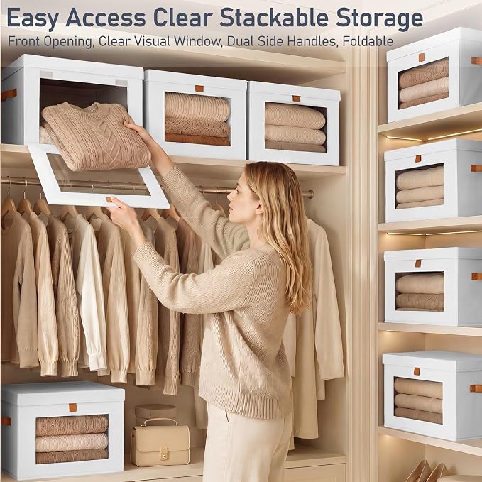 DIMJ Storage Bins with Lids - 6 Pack Front Opening Stackable Fabric Storage Boxes with Clear Window & Handles, Collapsible Closet Organizers for Clothes, Sweaters, Shelf Storage, Bedroom, White - Image 2