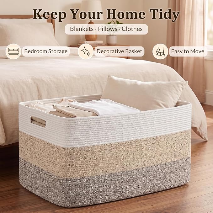 OIAHOMY 108L Super Large Blanket Basket, 25”x16”x16”(108L) Rectangle Woven Baskets for Storage, Cotton Rope Basket For Living Room, Toy Storage with Handle- Gradient Brown - Image 5