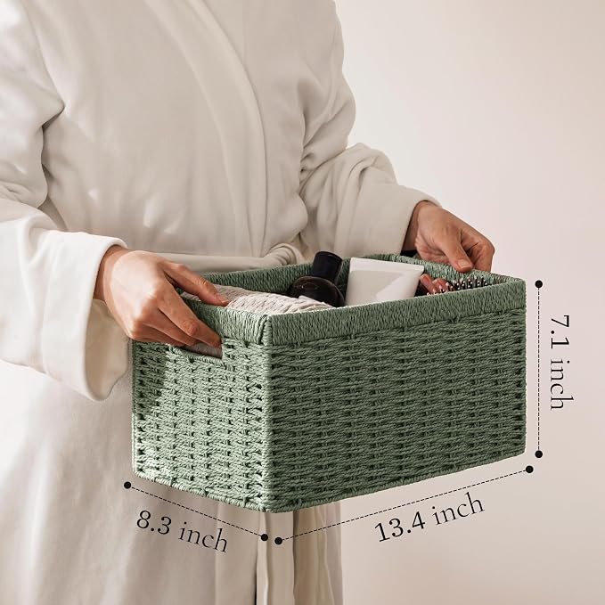 UBBCARE 2 Pack Wicker Basket, 13.4L×8.3H×7.1W inch Woven Paper Rope Storage Baskets for Shelves, Foldable Rectangular Storage Baskets with Handle, Storage Basket for Organizing, Green - Image 2