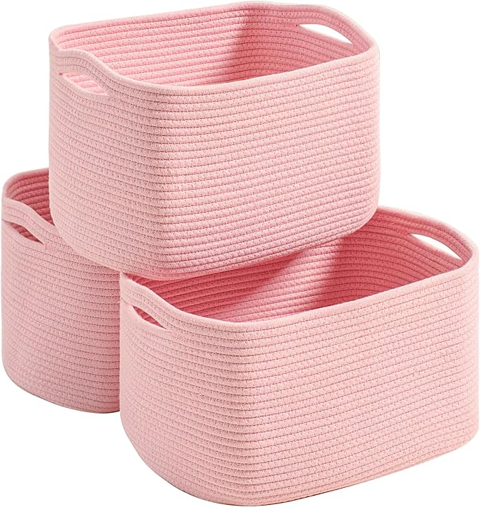 Pink Storage Baskets for Organizing Shelves, Woven Cotton Rope Baskets for Storage, Toy Basket for Kids, Cute Basket for Shelves Closet, 14.8"×11"×9.5", Pack of 3, Light Pink by Unknown