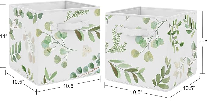 Sweet Jojo Designs Floral Leaf Foldable Fabric Storage Cube Bins Boxes Organizer Toys Kids Baby Childrens - Set of 2 - Green and White Boho Watercolor Botanical Woodland Tropical Garden - Image 3
