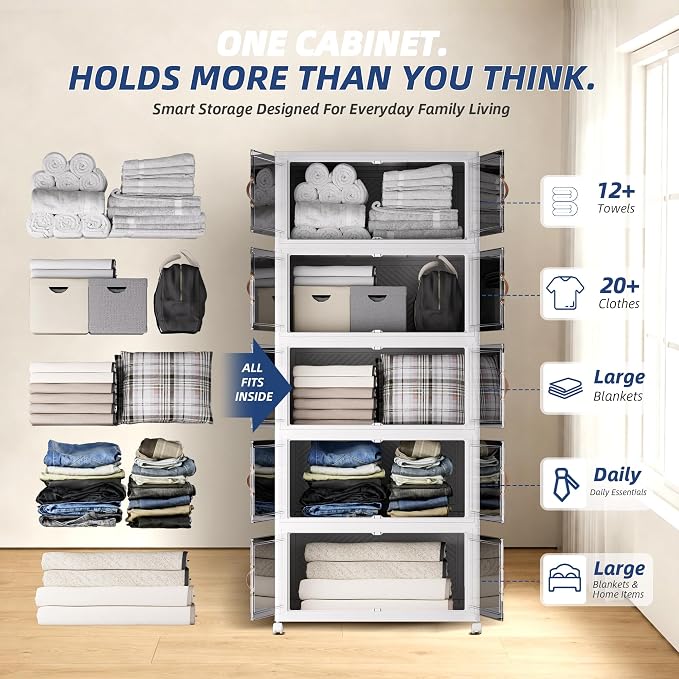 SAILUN 180QT/45Gal Stackable Storage Bins with a Lid, Collapsible Storage Bins With Doors, Folding Cabinet for Home Closet Organization,5 Pack-17.7" W x 11.8" D x 48.4" H White - Image 5