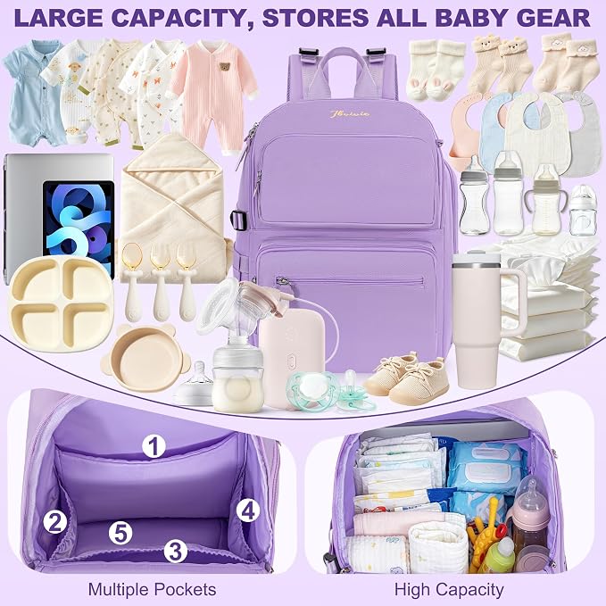 IBVIVIC Diaper Bag Backpack with Portable Changing Pad, Lavender Purple | Multifunctional Baby Bag for Mom Dad, Large Capacity, Stroller Straps, Insulated Bottle Pockets & Pacifier Case - Image 3