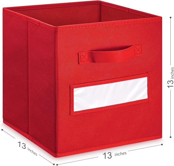 13x13x13 storage cube bins(Set of 8) Fabric storage cubes with 8 Labels Window Cards & a Pen, storage cubes 13x13, Collapsible 13 inch cube storage bins, Cubby Organizer Boxes, Red - Image 2